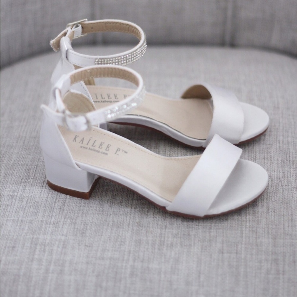 White Satin Block Heel Sandal with Tulle Back Bow